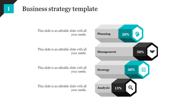 Business strategy slide with banners, each displaying a process name, percentage, and hexagonal icons in teal and black.