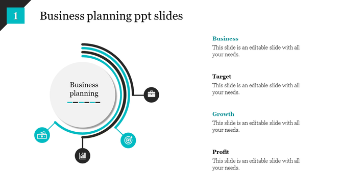 Business planning PPT template with a circular flow design, showing the stages from business to profit, each with an icon.