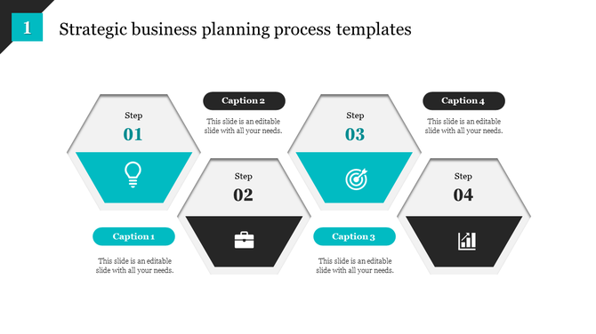 Business strategy template with four steps, each showing an icon for idea, briefcase, target, and growth, with captions.