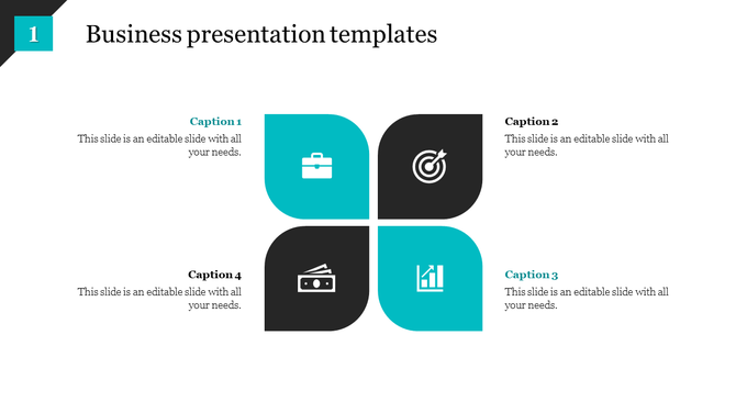 Business presentation template with four colored sections, each represented by an icon with corresponding captions.