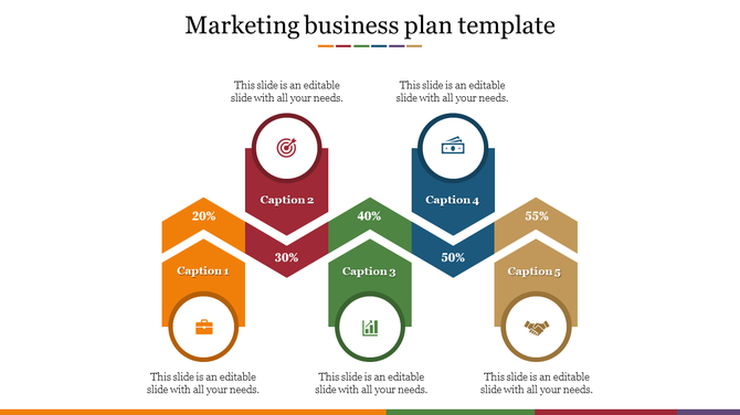 Marketing business plan slide with five color coded arrows in orange, red, green, blue, and brown, in a zigzag layout.