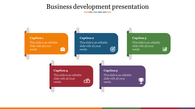 Business development template with five color-coded rectangular icons representing services with caption areas.