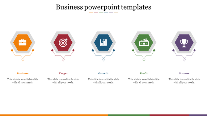Business slide showing five hexagonal icons for business concepts such as business, target, growth, profit, and success.