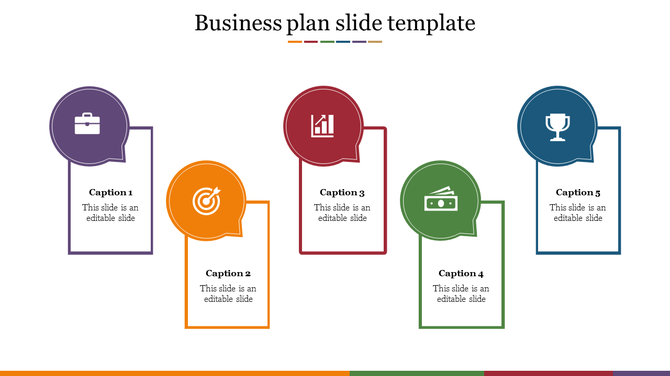 Business plan PPT slide featuring five sections business, target, growth, profit, and success, with corresponding colorful icons.