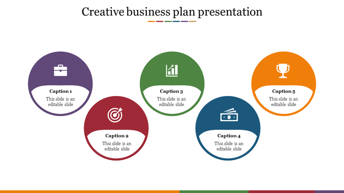 Creative business plan template featuring five circular icons with captions areas placed in white background.