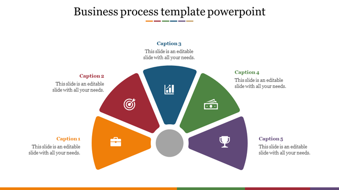 Business process slide with five colored fan shaped segments in orange, red, blue, green, and purple, each with icons.