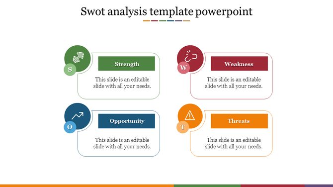 SWOT analysis slide with four rounded rectangles in green, red, blue, and orange, each linked to circular icons.