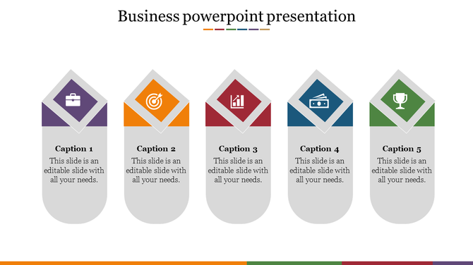 Business PPT slide with five sections, each represented by icons for business, target, growth, profit, and success.