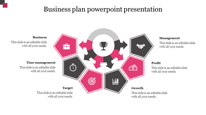 Business plan presentation slide featuring colorful hexagonal icons representing business to management.