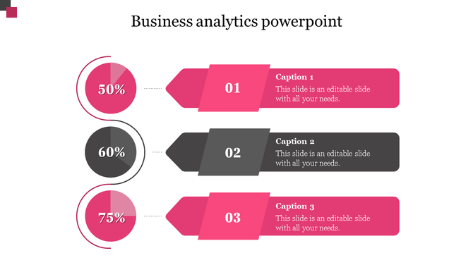 Business analytics slide with three percentage pie charts, pink and black arrows labeled 01-03, and caption areas.