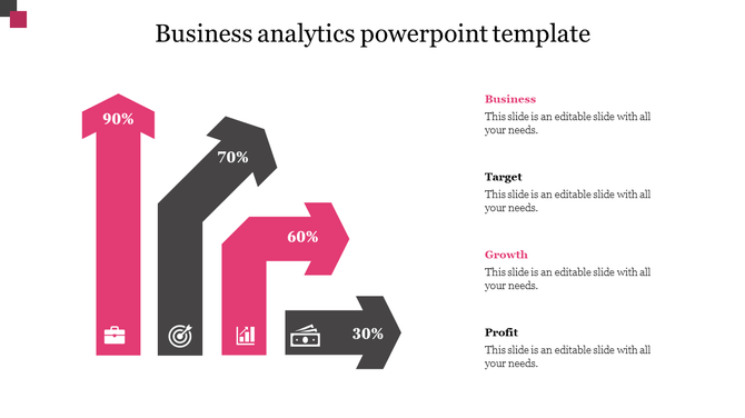 Business analytics slide with four upward arrows in pink and black, each labeled with percentages and icons.