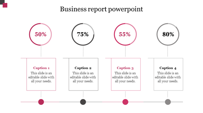 Four-step business report infographic with percentage values in circles and caption areas below each step.