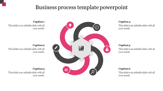 Business process PowerPoint template with circular colored icons with captions and placeholder text.