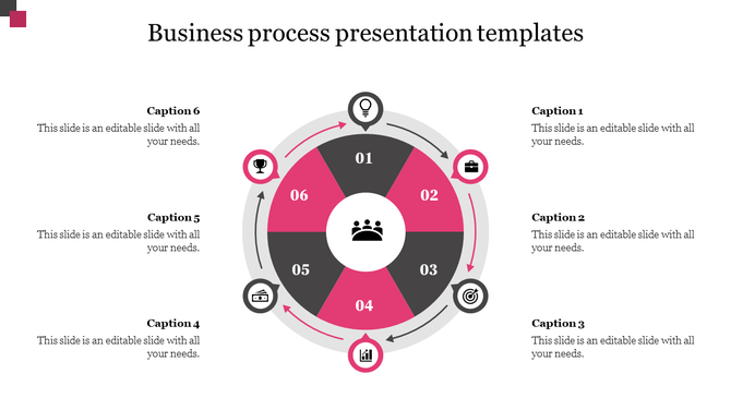 Business process presentation template with a colorful circular diagram and icons representing various business functions.