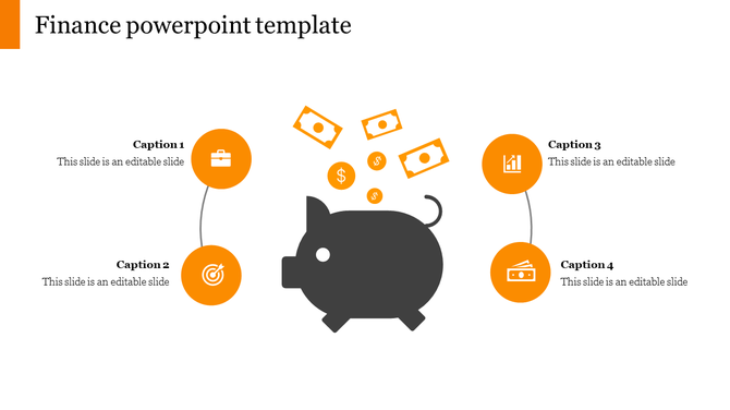 Finance slide with a piggy bank in the center, money icons above, and four orange icons connected to captions areas. 