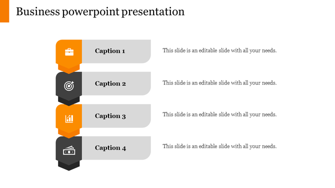 Business slide with four horizontal banners, alternating orange and black icons on the left, and caption areas. 