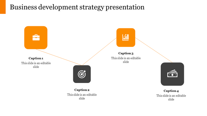 Business development infographic with four square icons, orange and black, arranged in a connected structure with captions.