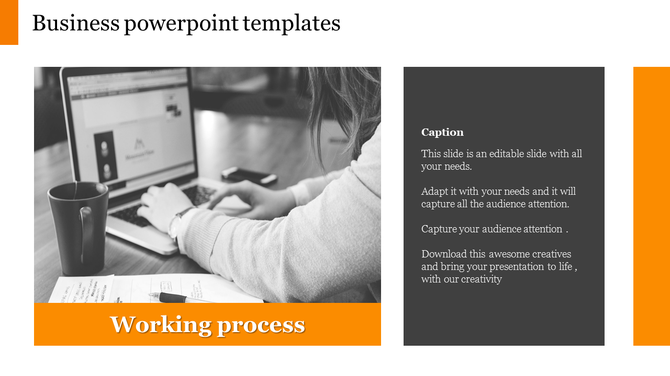 Business slide with a grayscale sorkspace image, dark text box and an orange banner at the bottom.
