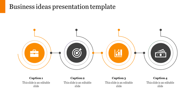 Business ideas timeline with four icons, alternating in orange and black, connected by thin lines, each linked to a caption.
