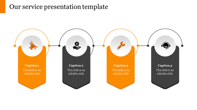 Service presentation slide with four connected banners, alternating in orange and black, each with an icon and caption.