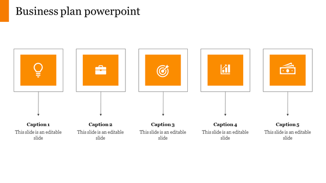 Business plan slide with five orange icons in white squares, linked to captions below with arrows.