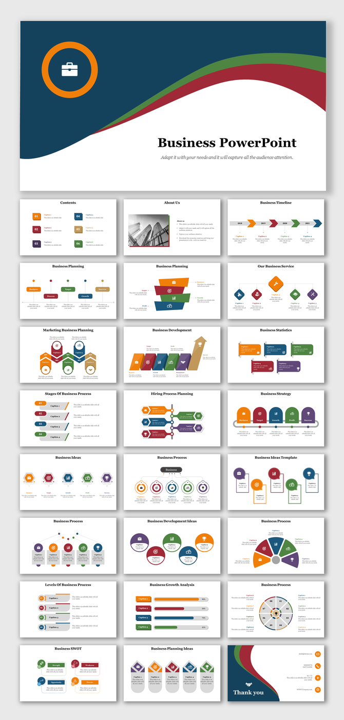 Business PPT with various slides including contents, business planning, statistics, SWOT analysis, and process flow diagrams.