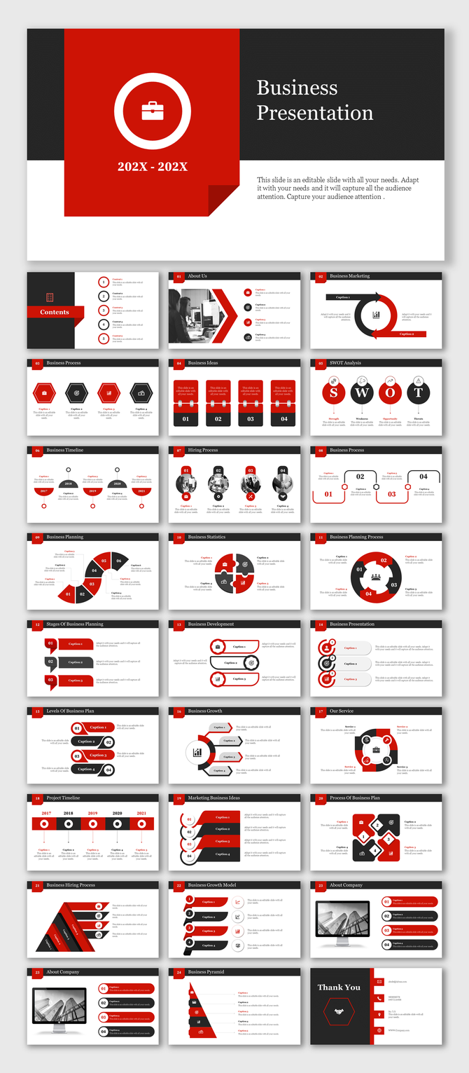 Multipurpose business slide deck with red, black, and white, featuring sections on planning, marketing, and development.