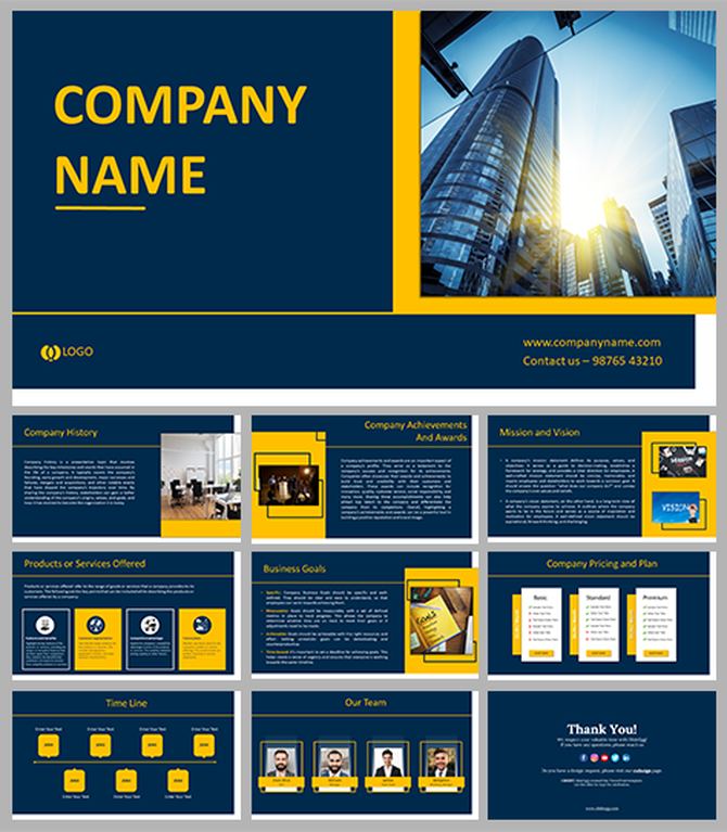 Company name slide deck with a dark blue and yellow theme, featuring business history, goals, and pricing details.