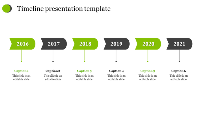 Timeline PowerPoint slide with green and gray arrows representing years from 2016 to 2021 with captions.