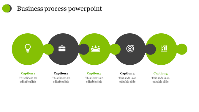 Business process slide with five alternating green and black steps, each containing a white icon and a caption below. 