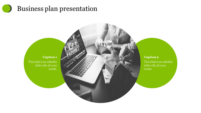 Business slide with a large black and white circular photo in the center, flanked by two green circles with text.
