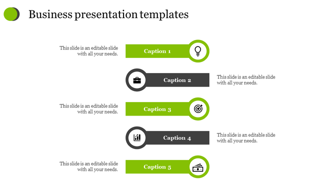 Business PPT presentation slide with five colored icons representing key business areas with captions and placeholder text.