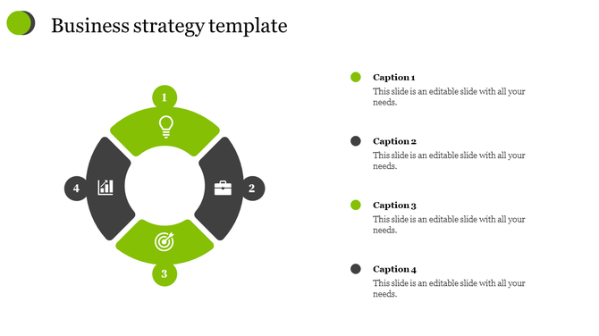 Business process slide with five circular steps, alternating in green and black, each containing a white icon and caption.