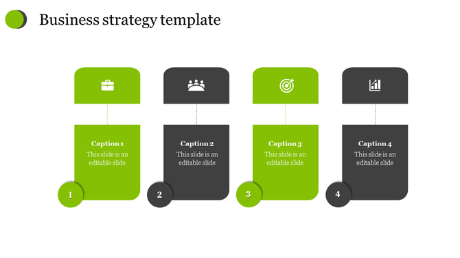 Business strategy slide with four vertical blocks, in green and black, each linked to an icon above and a step below.