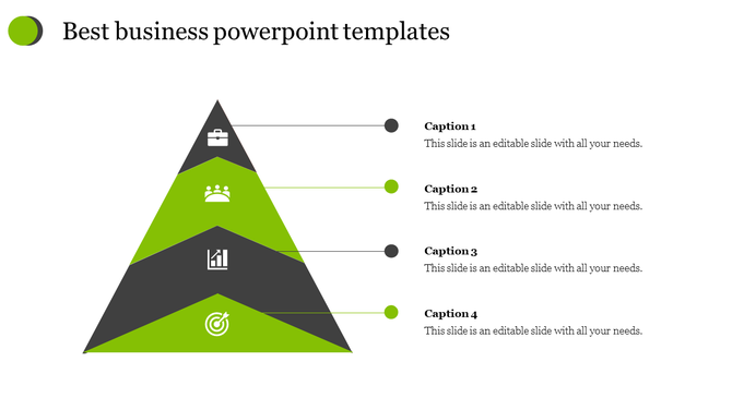 Best business PowerPoint template with a colorful pyramid diagram featuring four steps, each represented by an icon.
