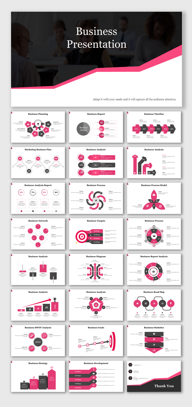 Business template with a modern pink, black, and white theme, featuring slides for reports, analysis, and strategy.