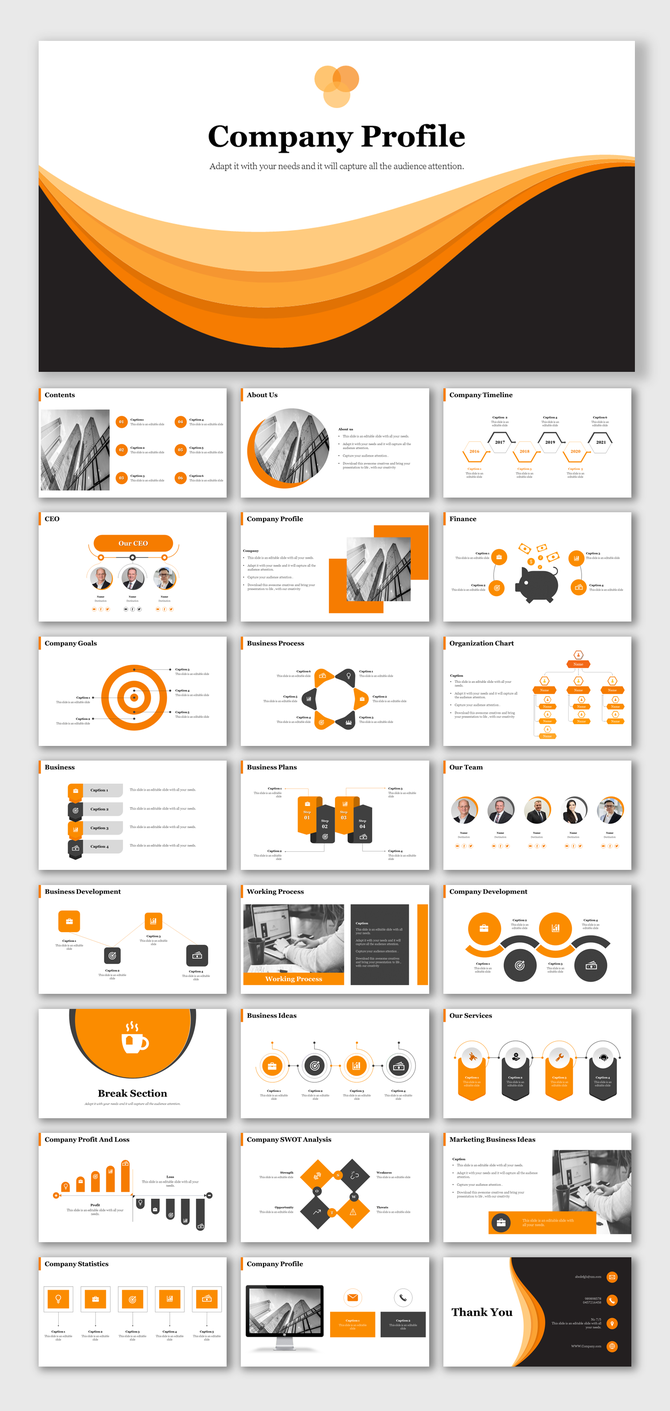 Company profile slides with an orange, black, and white theme, featuring financials, team profiles, and marketing strategies.
