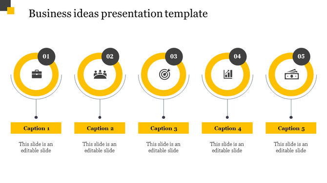 Business ideas presentation template with five colored circular sections, each representing a different business concept.