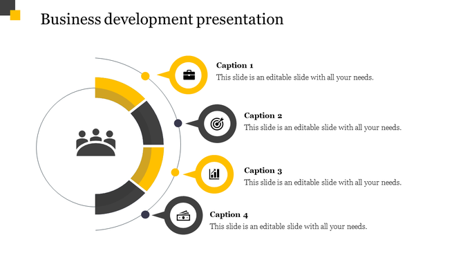 Business development slide with a circular segmented chart featuring a team icon at the center, yellow and black sections.