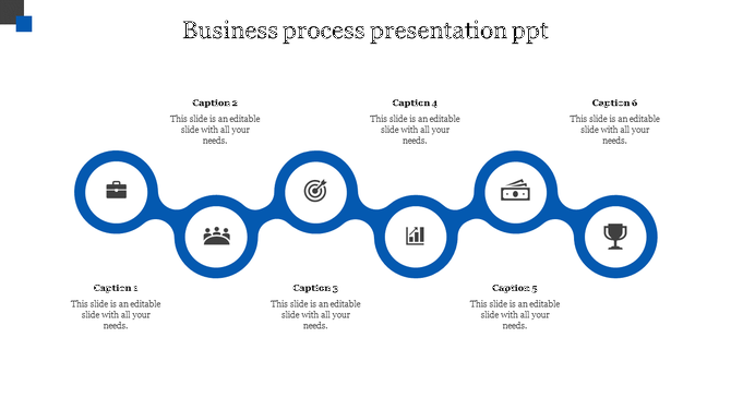 PPT slide with a blue interconnected process flow diagram featuring six steps and corresponding icons with captions.