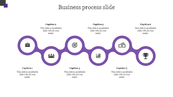 Purple circular process infographic with six icons, including a briefcase, target, and trophy, linked by a curved line.
