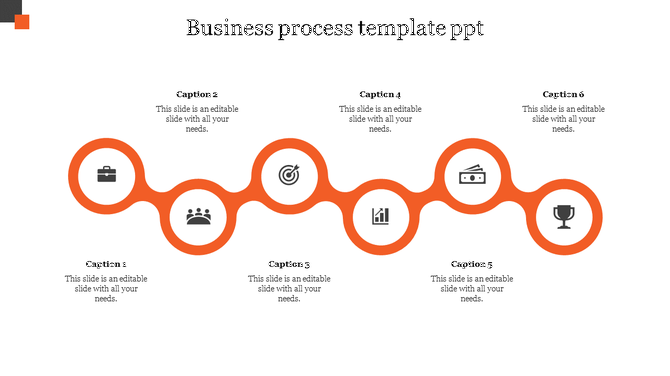 Business process diagram featuring six connected circular nodes in orange, with business related icons and captions.