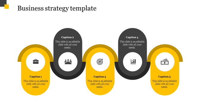 Business strategy slide featuring five infographic element alternating between yellow and dark gray, each containing caption.
