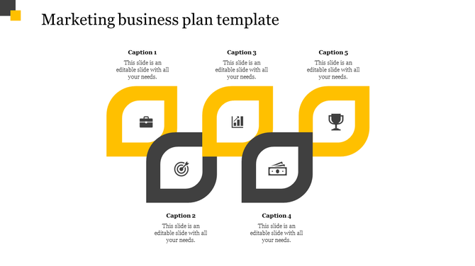 Marketing business plan slide with five interlocking yellow and black leaf shaped elements, each with an icon.