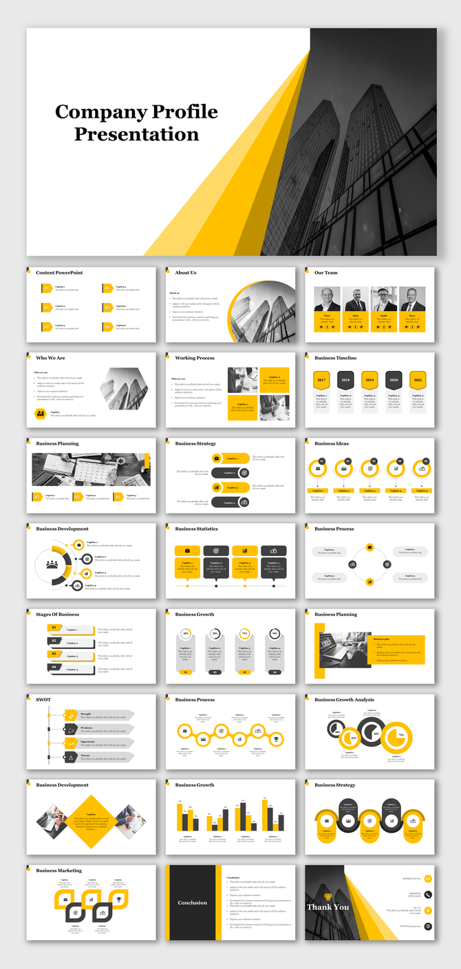 Professional company profile PPT with yellow accents and various slides showcasing business planning, growth, and strategy.