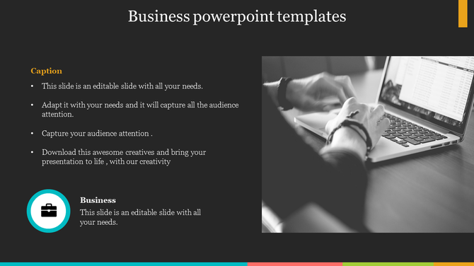 Business slide with a dark background, bullet points on the left, a grayscale laptop image on the right, and an icon below. 