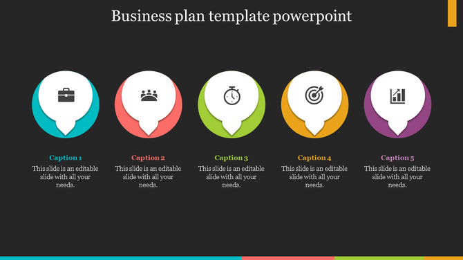 Business plan slide with five circular infographic elements in blue, red, green, yellow, and purple on a dark background.