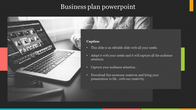 Business slide with a dark theme, grayscale laptop image on the left, and a semi-transparent text box with bullet points. 