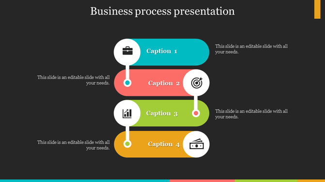 Business process PPT slide with four sections in teal, coral, green, and orange, featuring relevant icons on a dark backdrop.