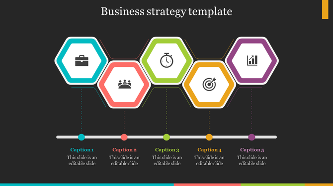 Business strategy slide with five icons for briefcase, team, clock, target, and graph, connected by a horizontal line. 